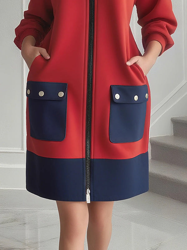 Long Sleeves Loose Contrast Color Pockets Split-Joint Zipper Round-Neck Midi Dresses