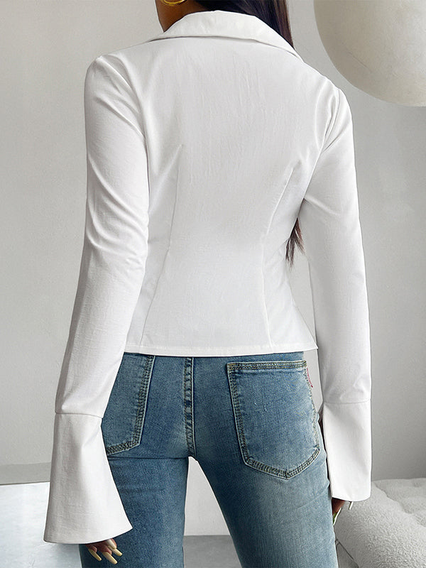 Flared Sleeves Long Sleeves Solid Color Split-Side Tied V-Neck Blouses&Shirts Tops