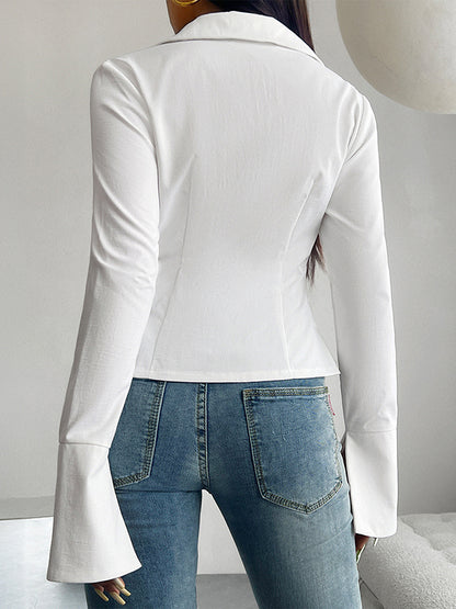 Flared Sleeves Long Sleeves Solid Color Split-Side Tied V-Neck Blouses&Shirts Tops