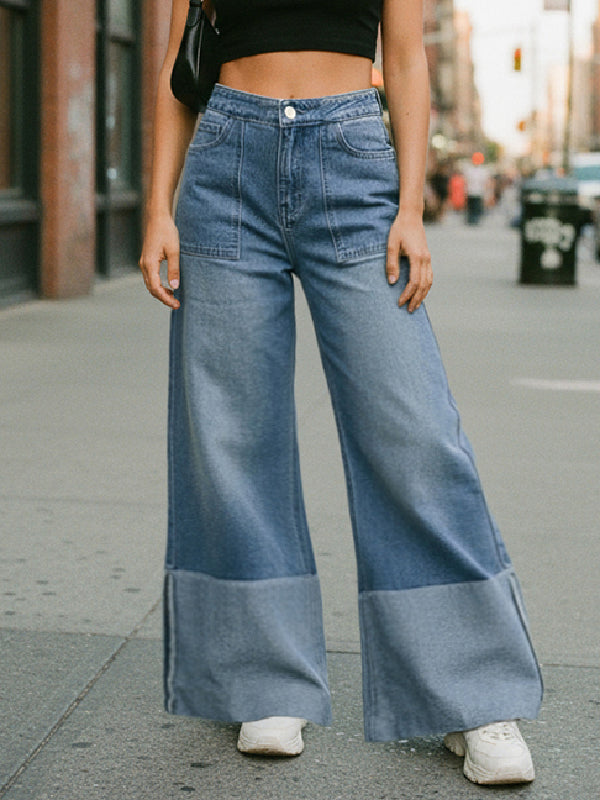 High Waisted Wide Leg Contrast Color Pockets Jean Pants Bottoms