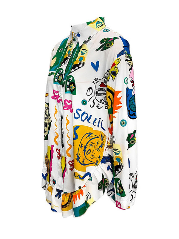 Long Sleeves Loose Falbala Printed Split-Joint Lapel Mini Dresses Shirt Dress