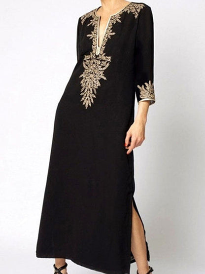 Loose Three-Quarter Sleeves Contrast Color Printed Split-Joint Split-Side V-Neck Maxi Dresses
