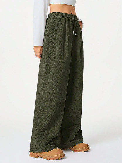 High Waisted Wide Leg Drawstring Elasticity Pockets Solid Color Pants Trousers