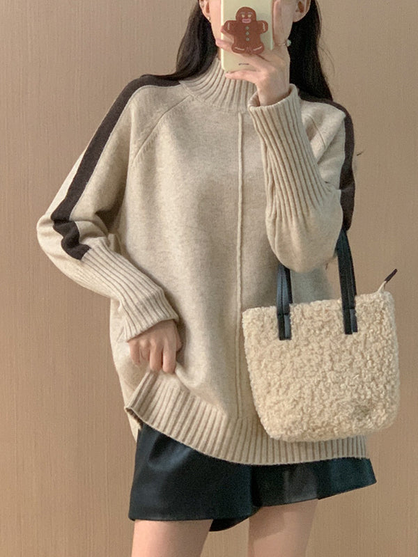 High-Low Long Sleeves Contrast Color Split-Joint Split-Side High Neck Pullovers Sweater Tops