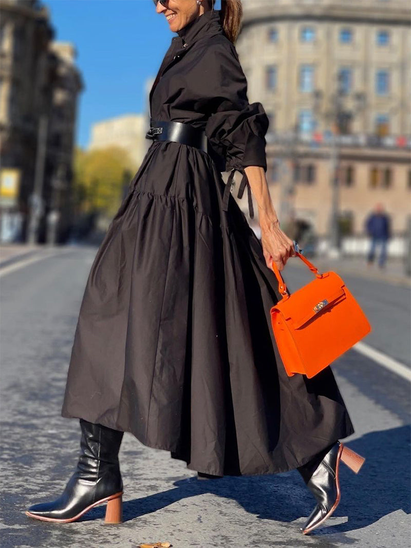 Long Sleeves Loose Buttoned Solid Color Lapel Maxi Dresses