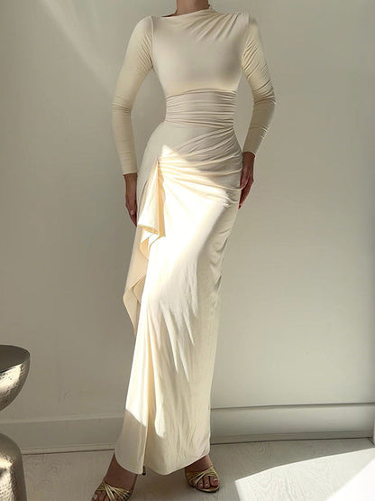 Bodycon High Waisted Asymmetric Pleated Ruffled Solid Color Split-Joint Round-Neck Maxi Dresses
