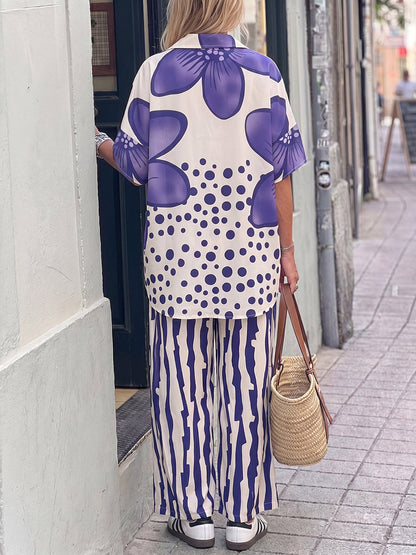 Half Sleeves Buttoned Flower Print Polka-Dot Lapel Blouses&Shirts Tops + High Waisted Pants Trousers Two Pieces Set