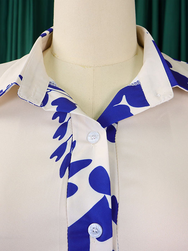 Irregular clipping Long Sleeves Lace-Up Pleated Printed Split-Joint Tied Waist Lapel Maxi Dresses Shirt Dress