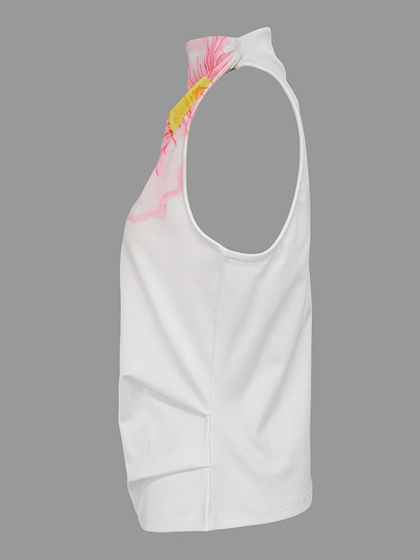 Loose Sleeveless Floral Printed High Neck Vest Top