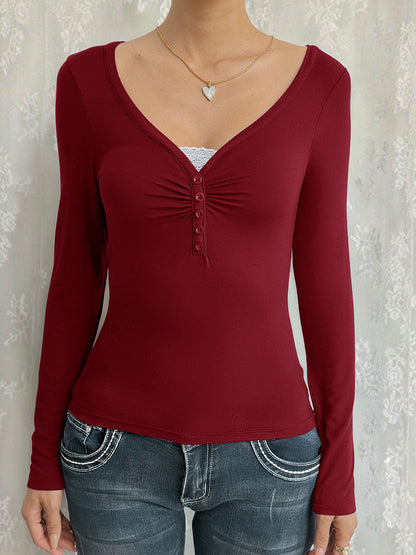 False Two Long Sleeves Buttoned Pleated Solid Color Split-Joint V-Neck T-Shirts Tops