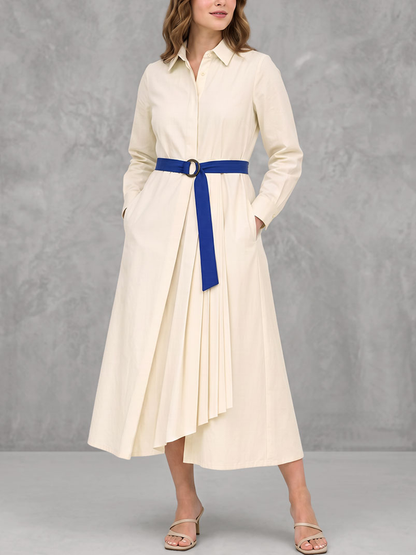Solid Color Pockets Pleated Buttoned Belted Asymmetric Long Sleeves Lapel Shirt Dress Midi Dresses