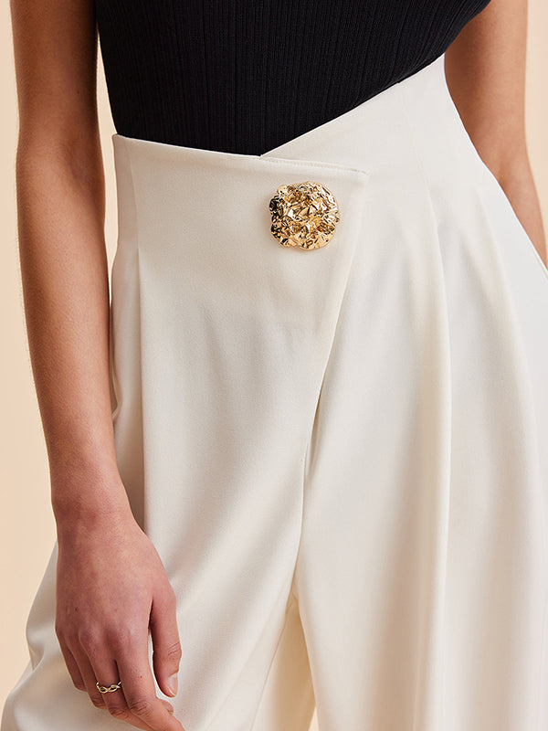High Waisted Loose Buttoned Pleated Solid Color Pants Trousers