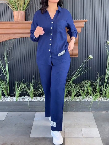 Solid Color Long Sleeves Buttoned Lapel Shirts Top + Split-Side High Waisted Pants Bottom Two Pieces Set
