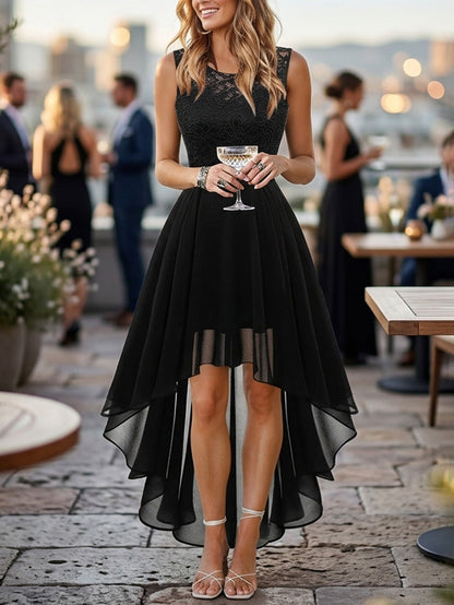 A-Line High Waisted Pleated See-Through Split-Joint Tied Waist Round-Neck Maxi Dresses