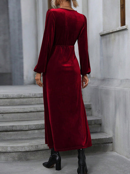 High Waisted Long Sleeves Solid Color Split-Side Tied Waist Velvet Deep V-Neck Maxi Dresses