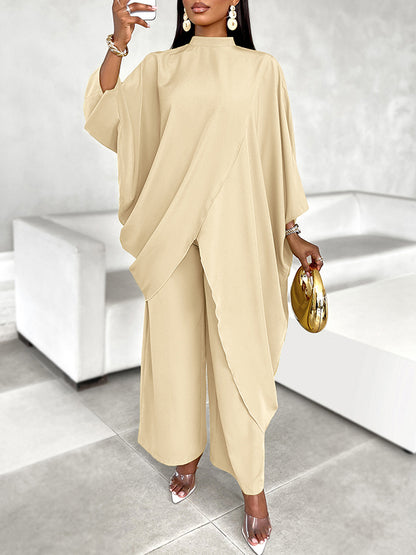 Batwing Sleeves Long Sleeves Asymmetric Hollow Solid Color Mock Neck T-Shirt Top + Pants Bottom Two Pieces Set