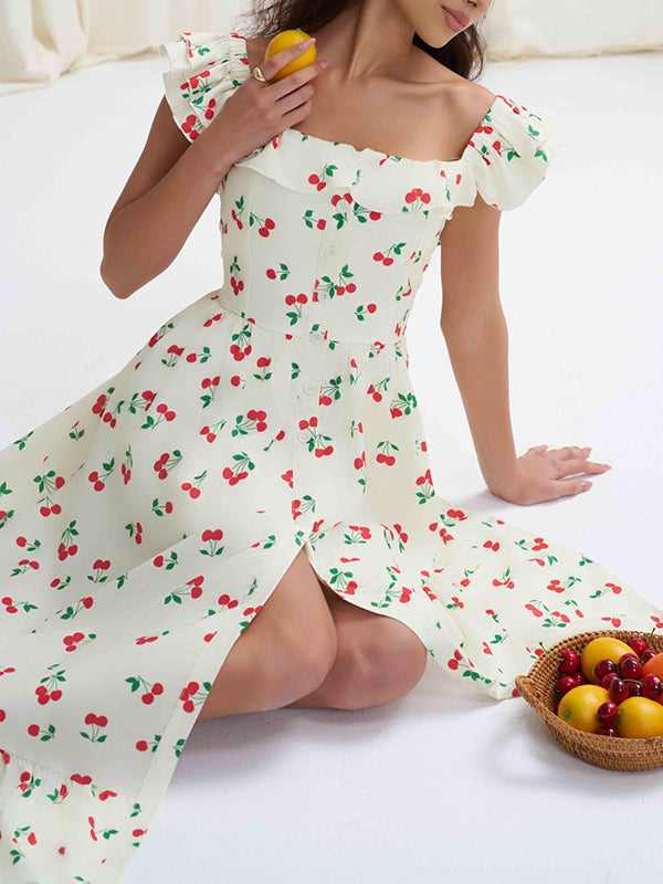 High Waisted Loose Buttoned Elasticity Flower Print Pleated Square-Neck Midi Dresses