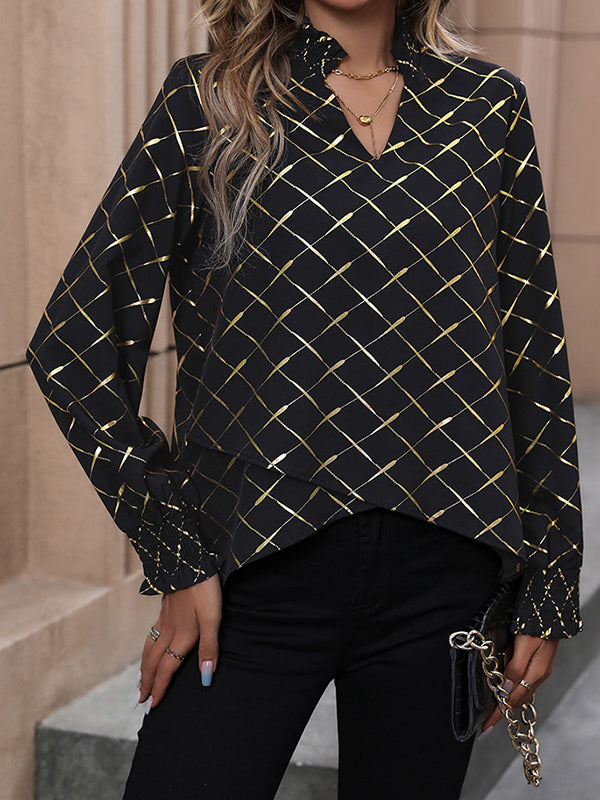 Long Sleeves Loose Bronzing Elasticity Split-Joint V-Neck Blouses&Shirts Tops