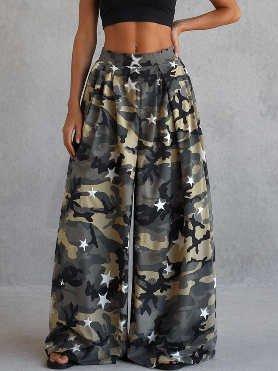 Printed Pockets Elasticity Contrast Color Camouflage Wide Leg Loose Trousers Pants