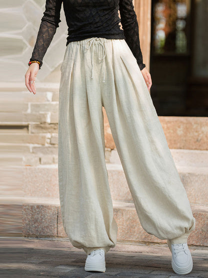 Women Autumn Vintage Solid Ramie Loose Bloomers