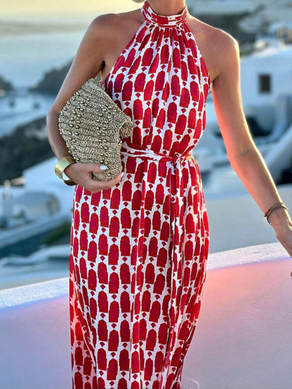 High Waisted Sleeveless Contrast Color Printed Split-Joint Split-Side Tied Waist Halter-Neck Maxi Dresses