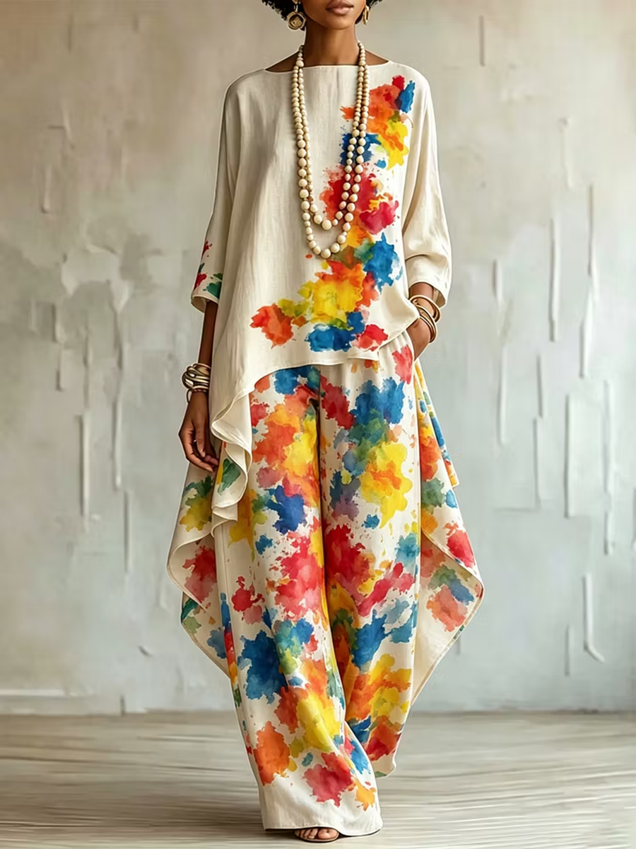High-Low Loose Asymmetric Contrast Color Printed Boat Neck Blouses&Shirts Tops