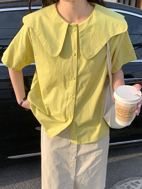Loose Short Sleeves Solid Color Split-Joint Peter Pan Collar Blouses&Shirts Tops