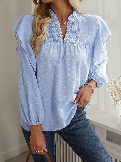 Long Sleeves Loose Elasticity Jacquard Ruffle Trim Solid Color Split-Joint V-Neck Blouses&Shirts Tops