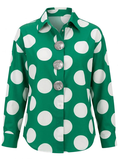 Long Sleeves Loose Buttoned Contrast Color Polka-Dot Lapel Blouses&Shirts Tops