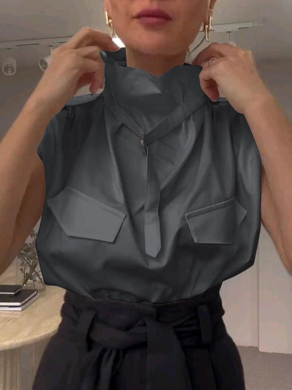 Loose Sleeveless Buckle Solid Color Stand Collar Blouses&Shirts Tops