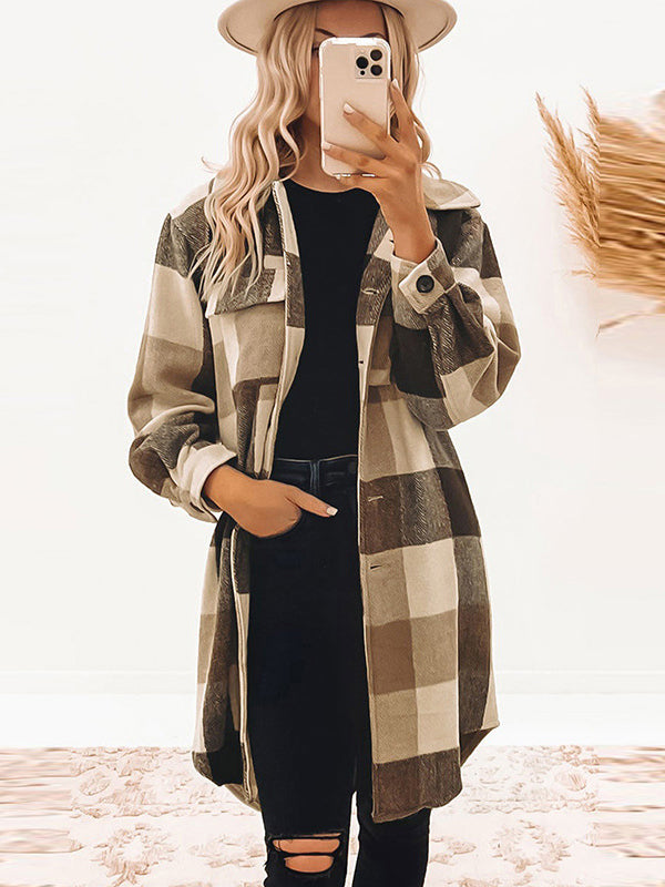 Long Sleeves Loose Buttoned Plaid Lapel Outerwear