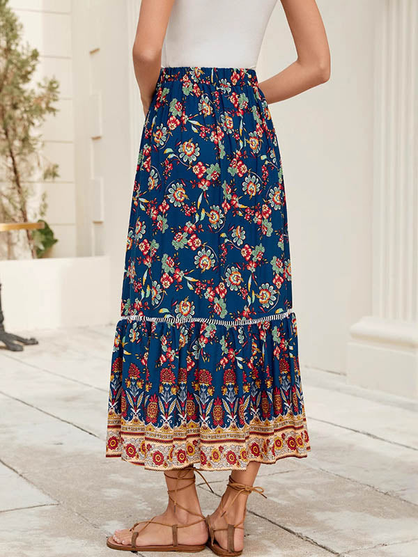 Loose Elasticity Flower Print Pleated Split-Joint Skirts Bottoms