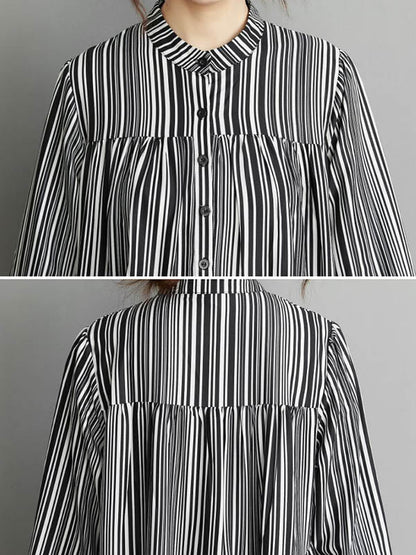 Vintage Loose Striped Buttoned Stand Collar Long Sleeves Midi Dress