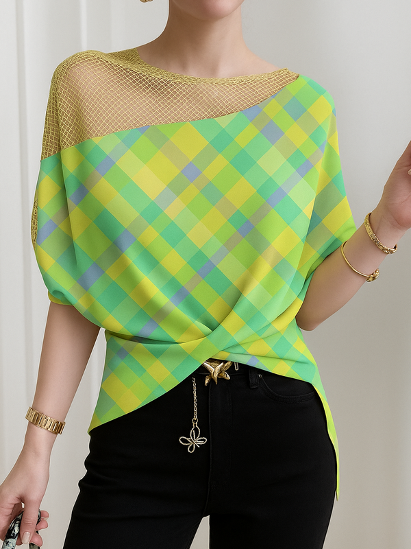 Half Sleeves High-low Contrast Color Elasticity Knot Split-Joint Round-neck T-Shirts Tops