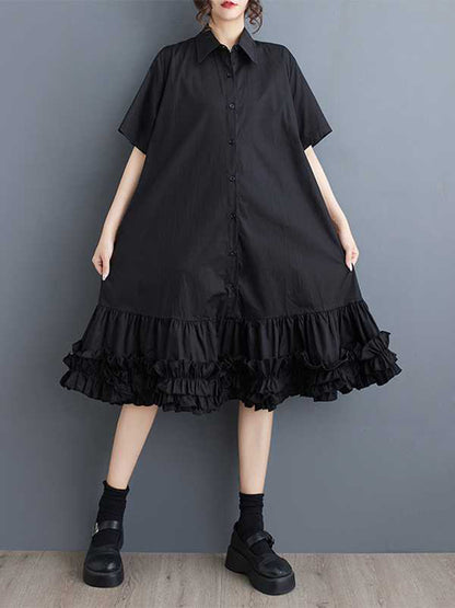 Half Sleeves Loose Buttoned Pleated Ruffled Solid Color Lapel Midi Dresses Shirt Dress
