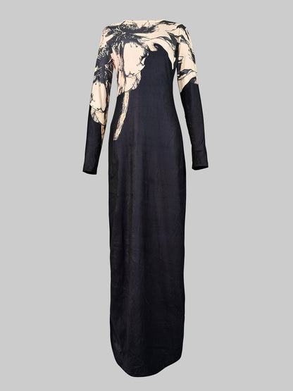 Bodycon Long Sleeves Floral Printed Boat Neck Maxi Dresses