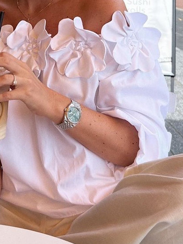 Loose Applique Solid Color Three-Dimensional Flower Off-The-Shoulder Blouses&Shirts Tops