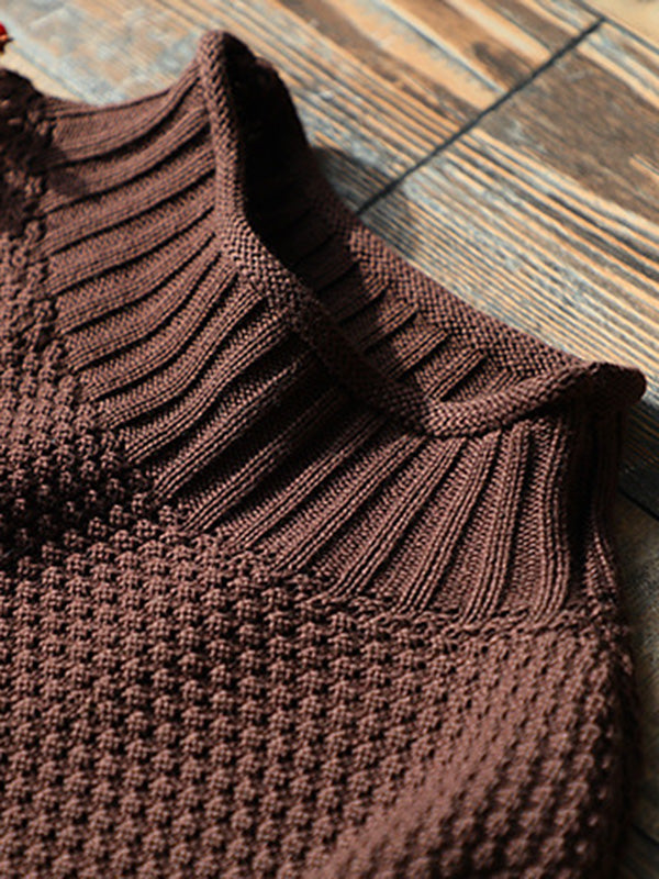 Casual Loose Long Sleeves Solid Color High-Neck Sweater Tops