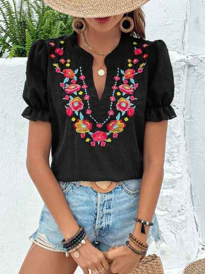Loose Puff Sleeves Flower-Embellished Contrast Color Jacquard Pleated Ruffled Split-Joint V-Neck Blouses&Shirts Tops