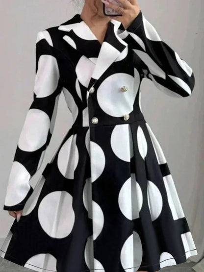 A-line High Waisted Buttoned Contrast Color Pleated Polka-Dot Lapel Mini Dresses