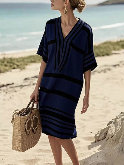 Half Sleeves Loose Contrast Color Split-Joint V-Neck Midi Dresses