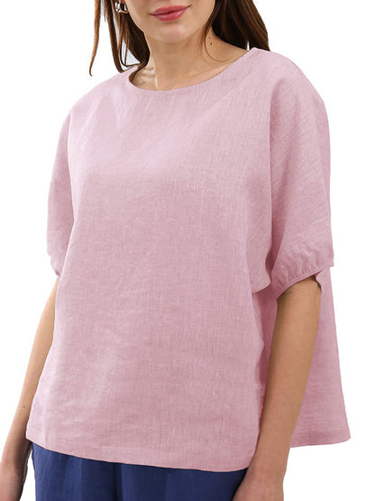 Loose Puff Sleeves Hollow Solid Color Split-Joint Round-Neck T-Shirts