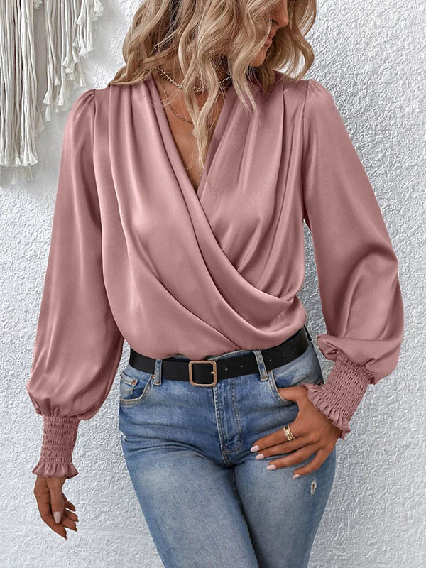 Long Sleeves Loose Elasticity Solid Color V-Neck Blouses&Shirts Tops
