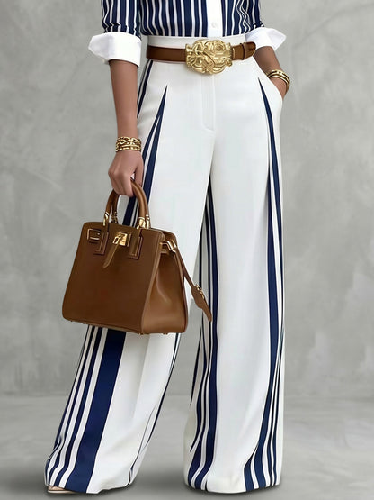 High Waisted Wide Leg Contrast Color No Belt Pockets Pants Trousers