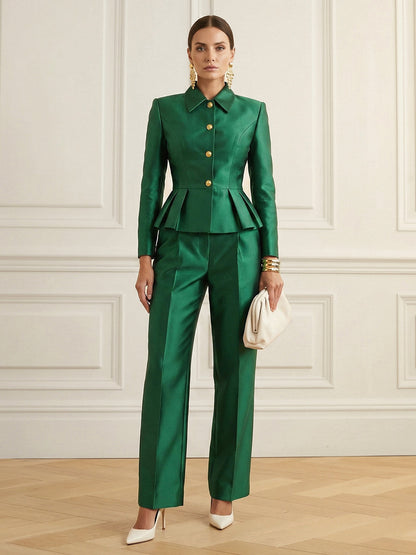 Elasticated Waist High Waisted Buttoned Contrast Color Ruffled Split-Joint Lapel Blazer Blouses&Shirts Tops