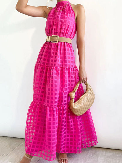 Loose Sleeveless Plaid Ribbed Stand Collar Maxi Dresses