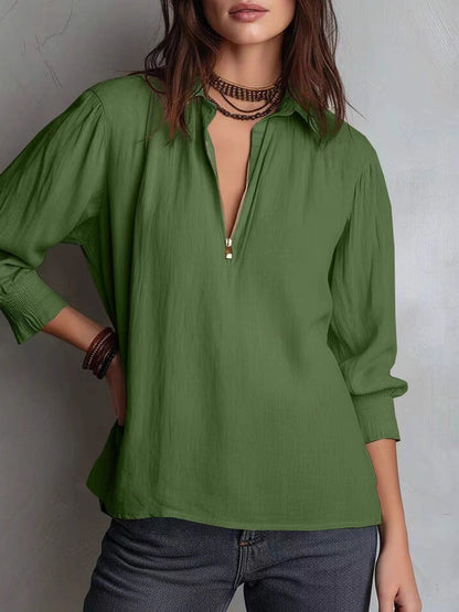 Long Sleeves Loose Pleated Solid Color Zipper Lapel Blouses&Shirts Tops