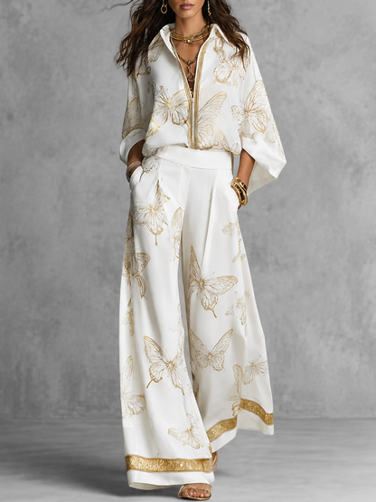Long Sleeves Loose Butterfly Print Contrast Color Lapel Blouses&Shirts Tops