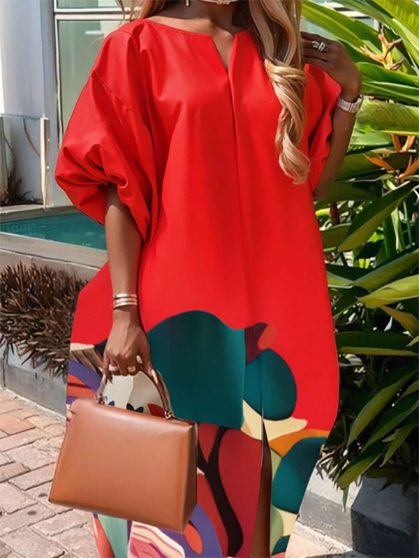 Loose Puff Sleeves Elasticity Flower Print Split-Front Round-Neck Maxi Dresses