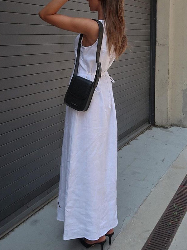 Loose Sleeveless Flower Print Tied Waist Round-Neck Maxi Dresses